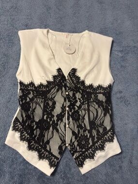 Pastels White Sleeveless Top with Black Lace Trim
